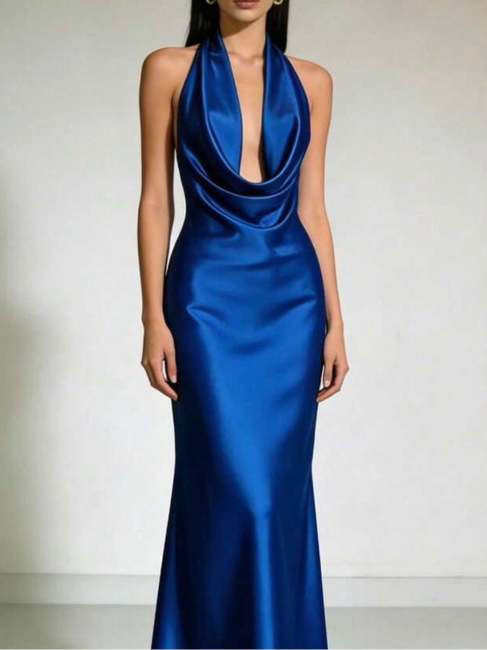 Elegant Cowl Neck Satin Gown in Royal Blue
